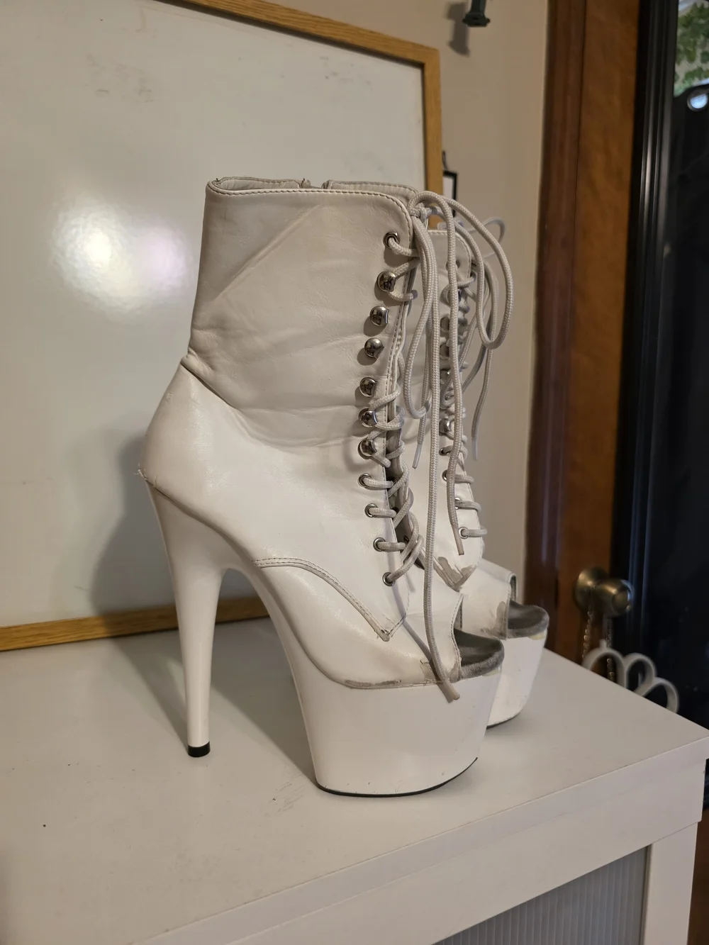 Heavily Worn White Peep-Toe Platform Pleaser Boots